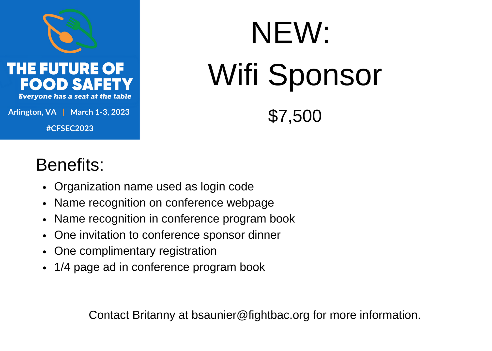 Ad for Wifi sponsorship for $7,500. Contact Britanny at bsaunier@fightbac.org for more info.